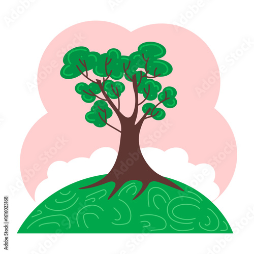 lone verdant tree stands proudly atop a gently swirling emerald mound basking under a soft blush sky filled with fluffy white cloud formations a peaceful nature scene