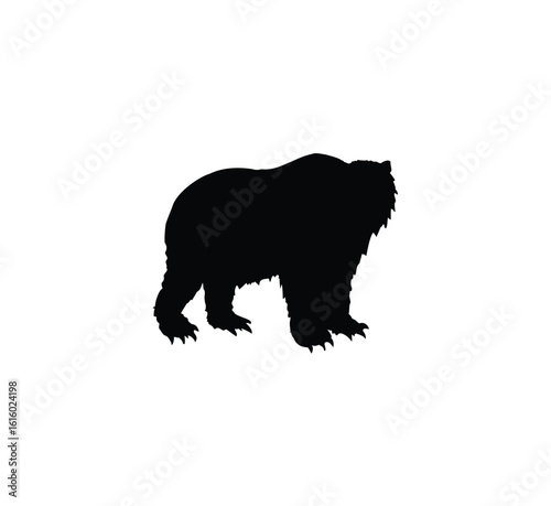 A majestic bear silhouette, powerfully standing, depicted in solid black against a stark white background.