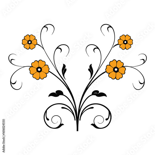 Floral design featuring elegant orange flowers with black leaves and curved vines on white background.