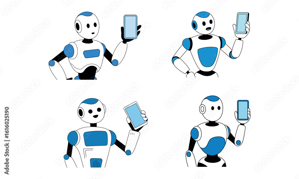 Fototapeta premium Humanoid robots holding smartphones in various poses on white background for technology and ai concept 