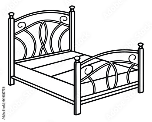 Detailed black and white illustration of a decorative wrought iron bed frame for home decor.