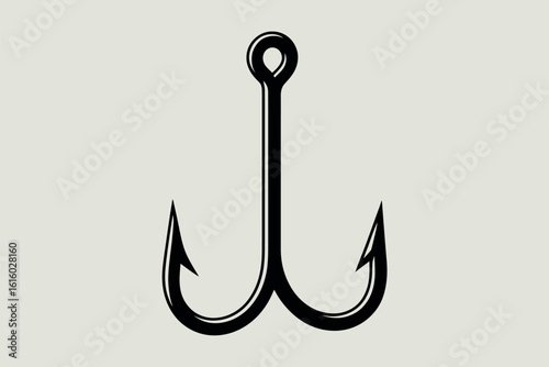 Illustration of a black treble fishing hook on a light background