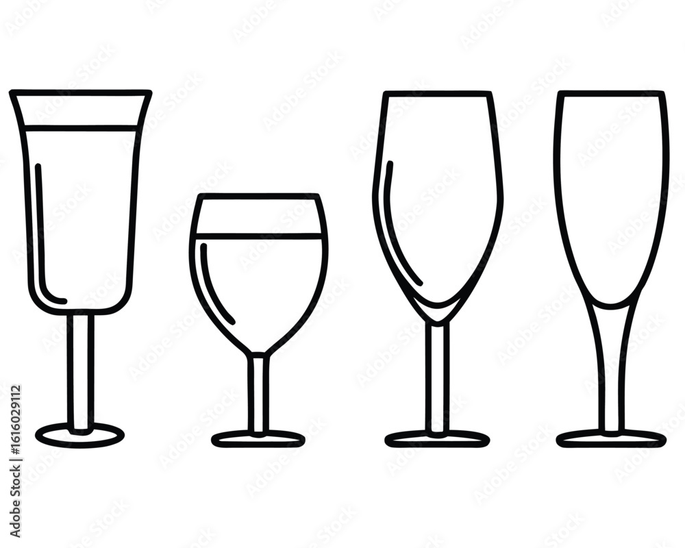 Simple outlined illustrations of various wine glasses for celebrations and events design. Simple outlined illustrations of various wine glasses for celebrations and events design.