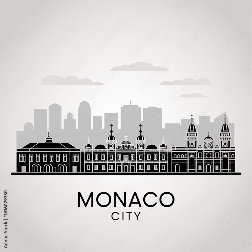 Naklejka premium Monaco Skyline Silhouette - Iconic Coastal City-State Vector Illustration