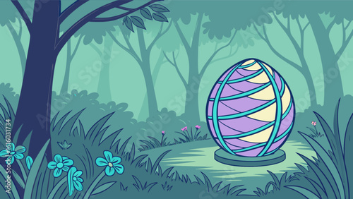 A serene forest scene features a glowing orb nestled among the trees, creating a magical and enchanting atmosphere in the natural landscape