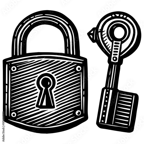 Secure Secrets: An illustrative depiction of an antique lock and key, symbolizing security and access. A classic representation of a safeguard with intricate details.