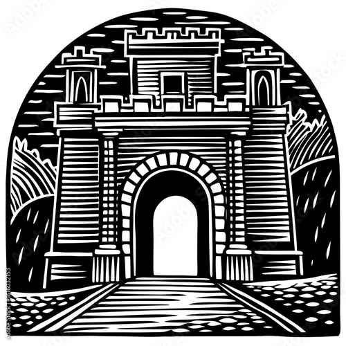 Ancient Fortress Gate: A majestic illustration of an ancient fortress gate, its architectural design a testament to history, evoking a sense of grandeur and a glimpse into a bygone era. 