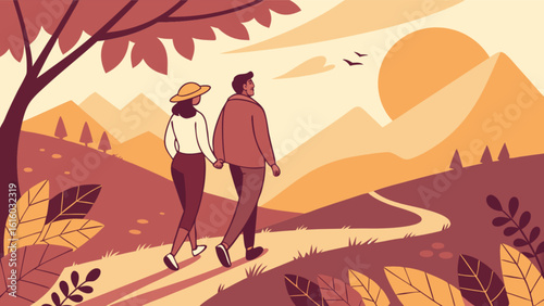 A couple hiking in the mountains during sunset, enjoying the beautiful landscape, nature, and adventure together, creating a romantic and memorable experience