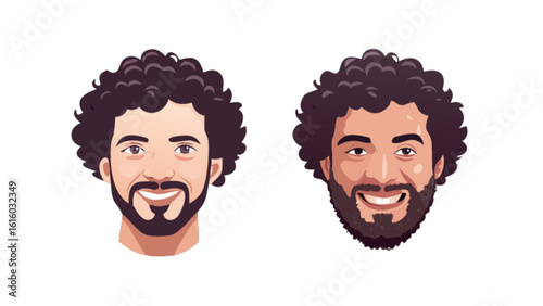 A smiling man with curly hair and a beard is isolated on white background