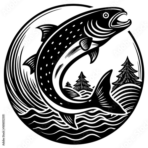 Leaping Salmon Silhouette: A dynamic black and white illustration captures a salmon mid-leap, emerging from the water's surface with majestic detail.