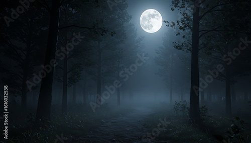 Fototapeta Naklejka Na Ścianę i Meble -  Eerie full moon illuminates a foggy forest path at night