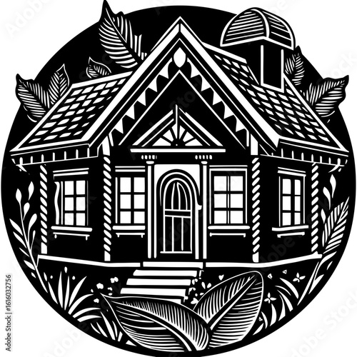 Cozy Cottage Silhouette: An enchanting black and white illustration of a charming cottage nestled within a serene botanical frame. Evoking a sense of idyllic tranquility and warmth.