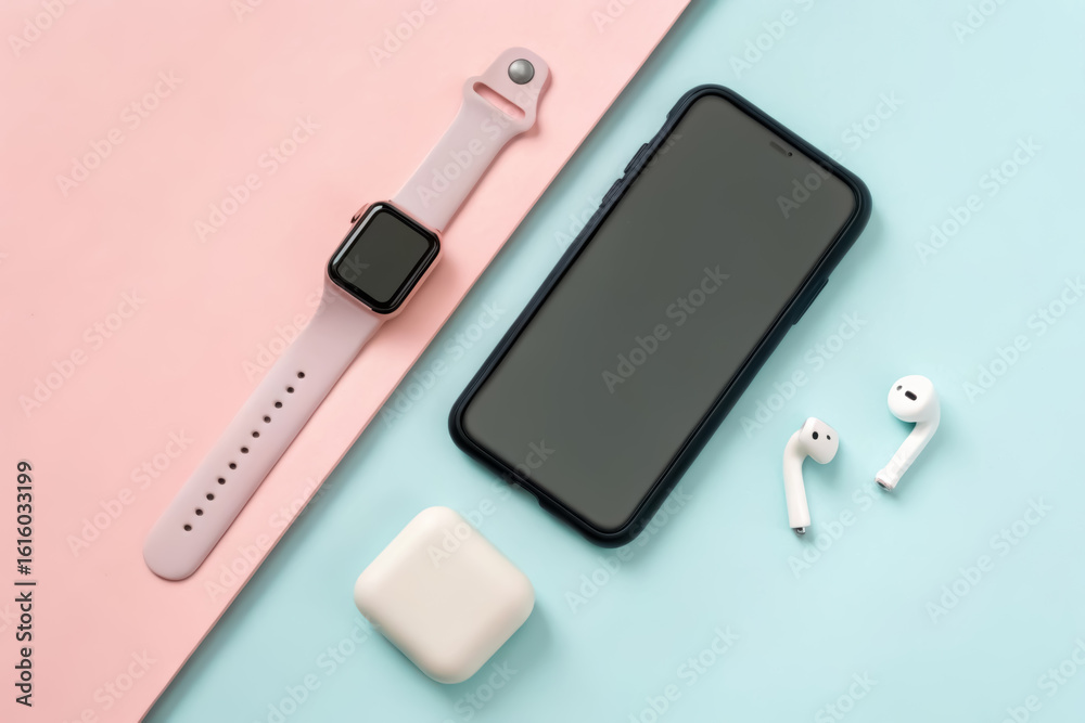 Fitness tracker, Sleek modern technology setup featuring a smartphone, smartwatch, and wireless earbuds on a pastel background. Fitness tracker, Sleek modern technology setup featuring a smartphone, smartwatch, and wireless earbuds on a pastel background.