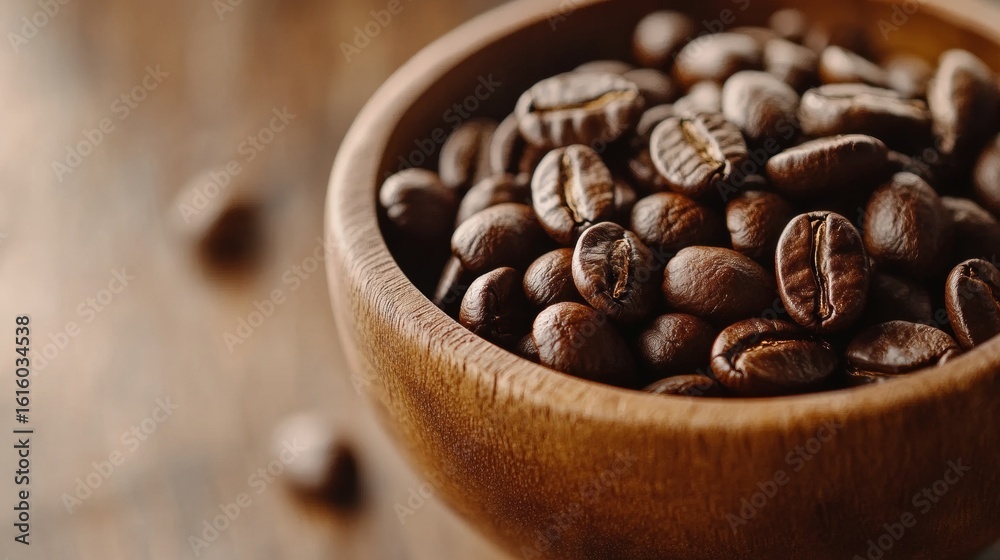 Fototapeta premium Wooden bowl full of roasted coffee beans for caffeine food branding product photography close up scene