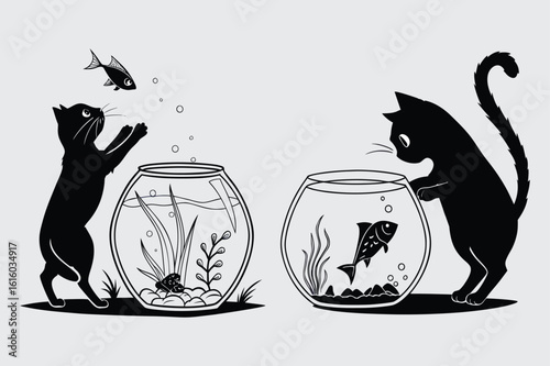 Silhouette of Curious Cat Looking into Fish Bowl with Fish
