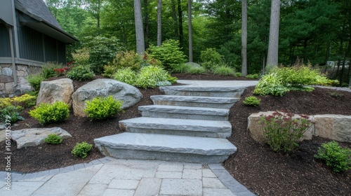 Stone steps and pathway in landscaped garden