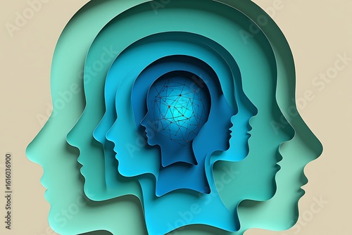 Abstract layered human heads in cool blue and green tones revealing a glowing intricate neural network at the core symbolizing consciousness and thought