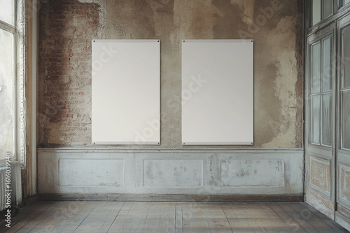 Two blank posters on a distressed wall in an old room