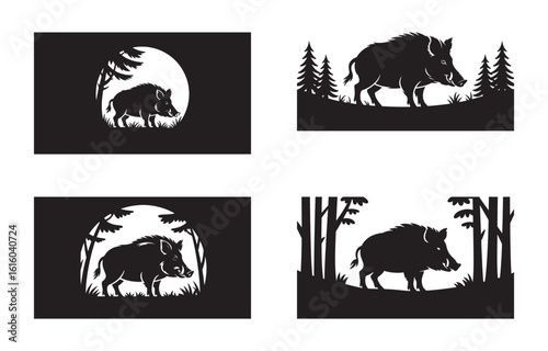 Silhouette illustrations of wild boars in natural forest landscapes or scenic nature sceneries