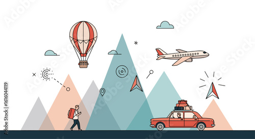 Embark on an adventure exploring diverse travel methods amidst scenic mountain landscapes with a person and car