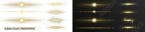Horizontal golden light flare with sparkle and glow on transparent background. Neon laser strip effect for decoration, dividers, or magical transitions in banners, posters and motion graphics.