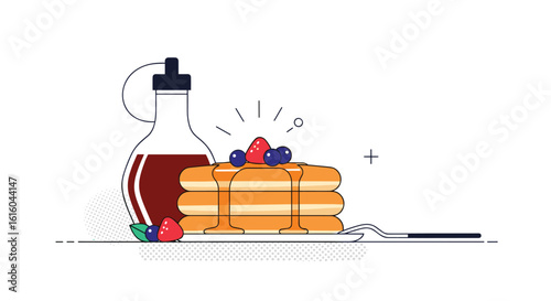 Delicious golden pancakes stacked high topped with fresh berries and a drizzle of sweet maple syrup