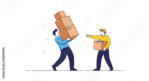 Two people carrying and handing over boxes for delivery and logistics services