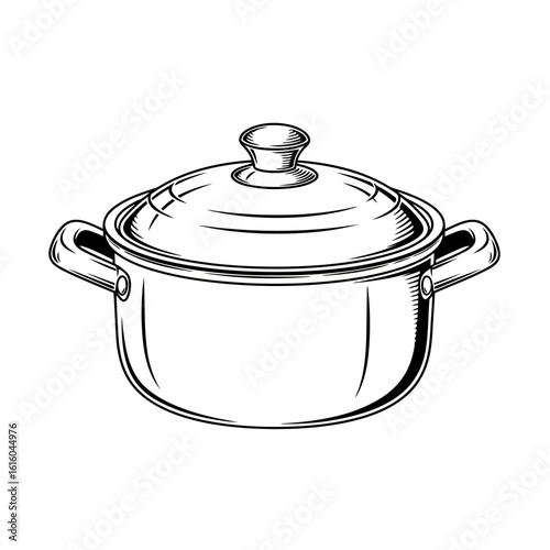 Vector art of a sketch of a metal cooking pot with lid isolated on white background