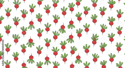 Charming pixel art radish pattern featuring freshly harvested root vegetables with vibrant green leaves a delightful repeating vegetable design