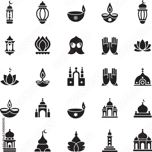 Multi-Faith Festival Icon Set – Islamic, Hindu, Buddhist Line Art Vector