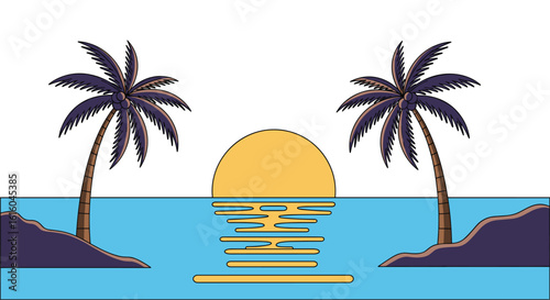 Pixelated tropical paradise sunset over calm ocean waters with palm trees
