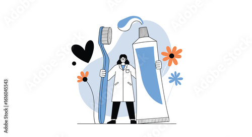 Dentist promoting oral hygiene with giant toothbrush and toothpaste illustration representing healthy teeth and dental care practices