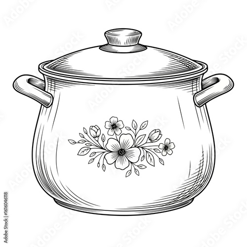 Vector art of an illustration of a cooking pot with floral design isolated on white background