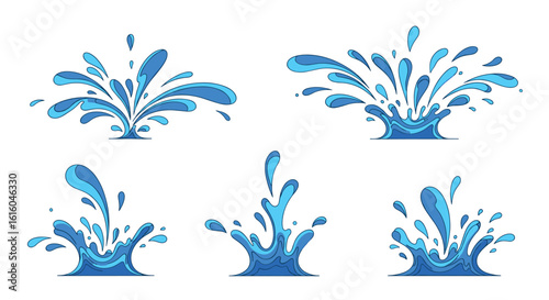 Set of dynamic refreshing water splashes with vibrant blue droplets and energetic bursts of liquid motion creating a sense of purity and liveliness