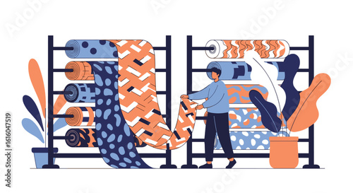 Textile design studio featuring rolls of fabric and a person selecting materials for creation