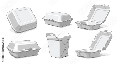 Versatile white food packaging containers for takeout meals and leftovers with attached lids