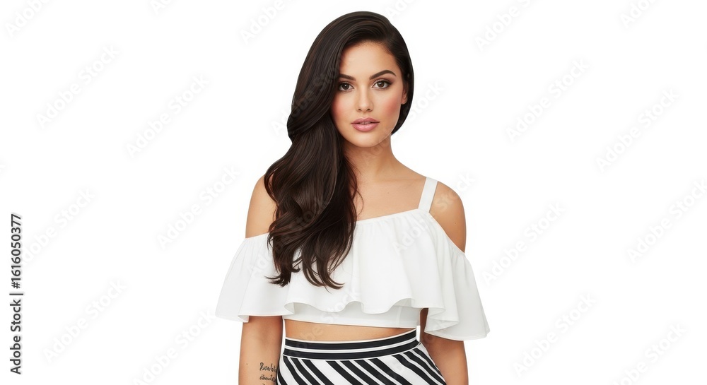Young woman wearing a white off the shoulder top and striped pants isolated on white background Young woman wearing a white off the shoulder top and striped pants isolated on white background