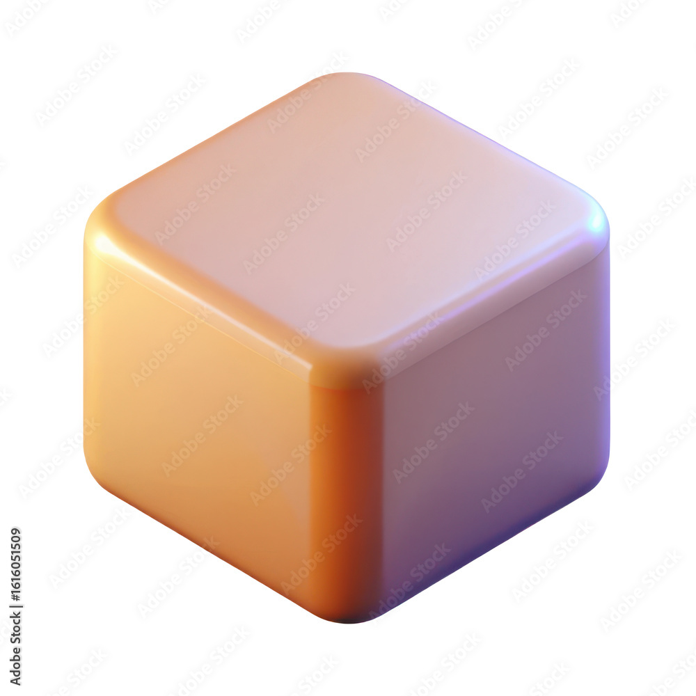 Fototapeta premium A single soft rounded light pink cube with subtle orange lighting and shadows isolated on transparent background