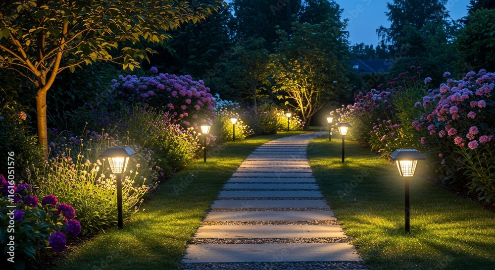 Obraz premium Illuminated garden path at twilight with solar lights and vibrant pink flowers