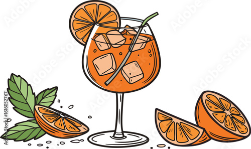 Vibrant orange aperol spritz cocktail with ice cubes against an isolated transparent setting. a detailed vector illustration of a refreshing cocktail in a large stemmed glass.