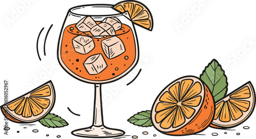 Vibrant orange aperol spritz cocktail with ice cubes against an isolated transparent setting. a detailed vector illustration of a refreshing cocktail in a large stemmed glass.