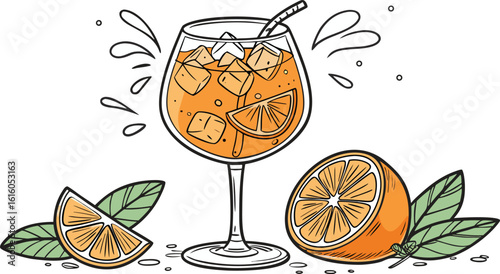 Vibrant orange aperol spritz cocktail with ice cubes against an isolated transparent setting. a detailed vector illustration of a refreshing cocktail in a large stemmed glass.