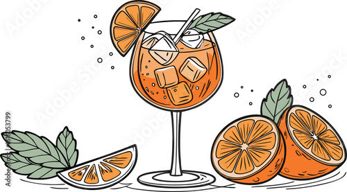 Vibrant orange aperol spritz cocktail with ice cubes against an isolated transparent setting. a detailed vector illustration of a refreshing cocktail in a large stemmed glass.