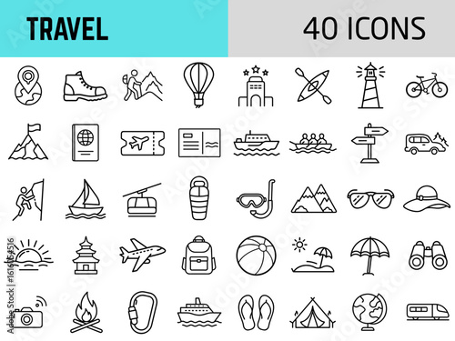 Travel icon set featuring various transportation and leisure symbols  