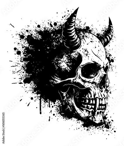 Devil Skull with Horns and Fangs Side View Black and White Drip Splat Abstract Art Illustration