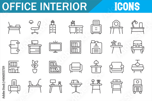 Set of Office Interior Icons for Workspace Furniture and Design Elements