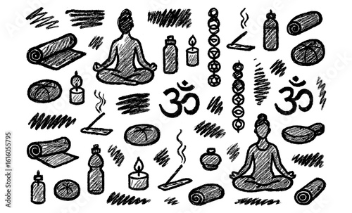 Meditation and yoga elements in hand drawn style for wellness and relaxation themes