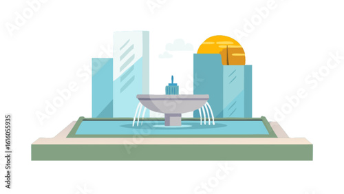 A serene fountain graces a modern city landscape, with sleek buildings and a setting sun creating a peaceful urban oasis