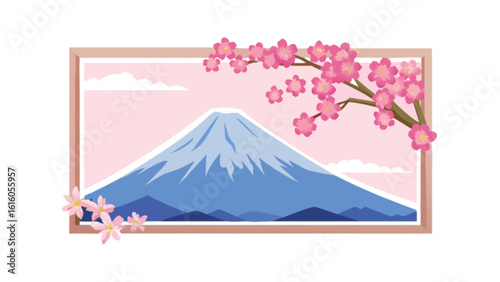 Mount fuji framed by delicate cherry blossoms, capturing the serene beauty of japans iconic landscape and the essence of spring