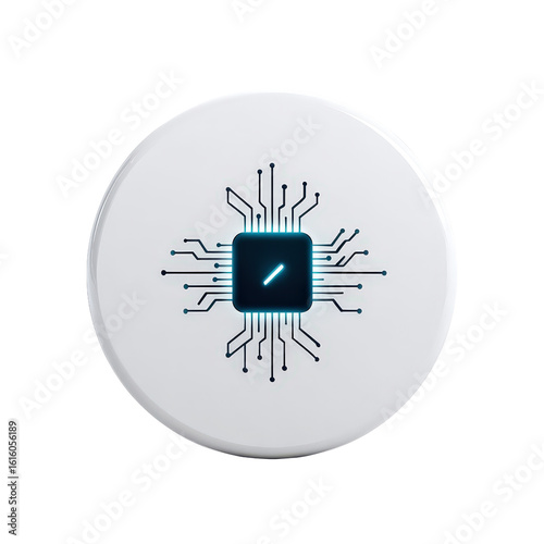Futuristic Microchip Icon on White Circular Badge with Blue Circuit Lines